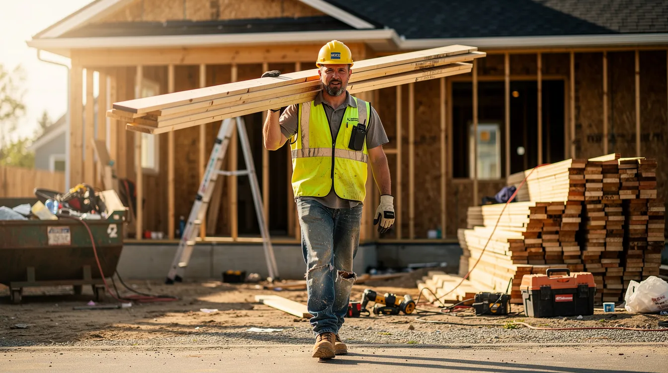 A construction worker is seen carrying lumber at a residential renovation site, surrounded by tools and building materials. This home improvement project highlights the importance of home equity loans, which can help homeowners access cash for renovations through their home's value.
