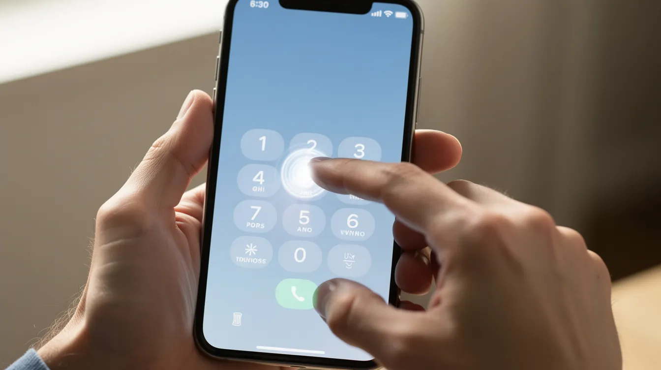 A close-up image shows hands tapping a phone number into a smartphone screen, highlighting the process of making international calls with the correct country code and area code for connecting to foreign countries. The focus is on the digits being entered, emphasizing the importance of dialing codes for successful communication.