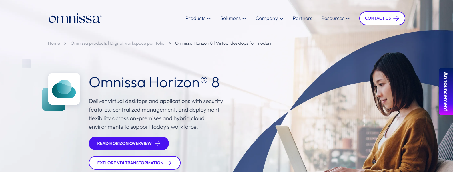 Omnissa Horizon 8 homepage promoting secure virtual desktops, centralized management, and hybrid cloud VDI solutions for modern enterprise workforces.
