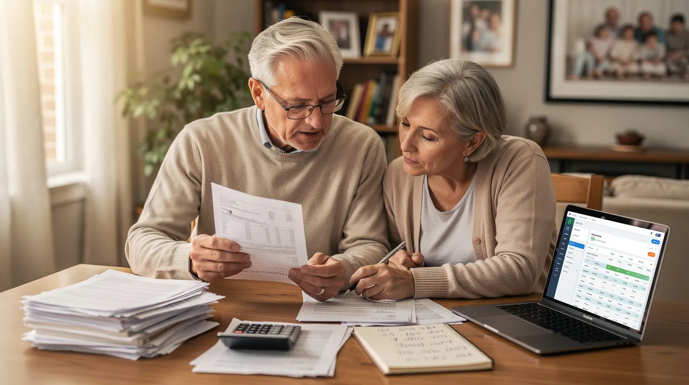 An older couple sits at their dining table, reviewing financial documents and discussing their investment strategies for a secure financial future. They appear focused on their risk tolerance and asset allocation, contemplating whether to maintain a conservative portfolio or consider more aggressive investments to achieve their long-term goals.