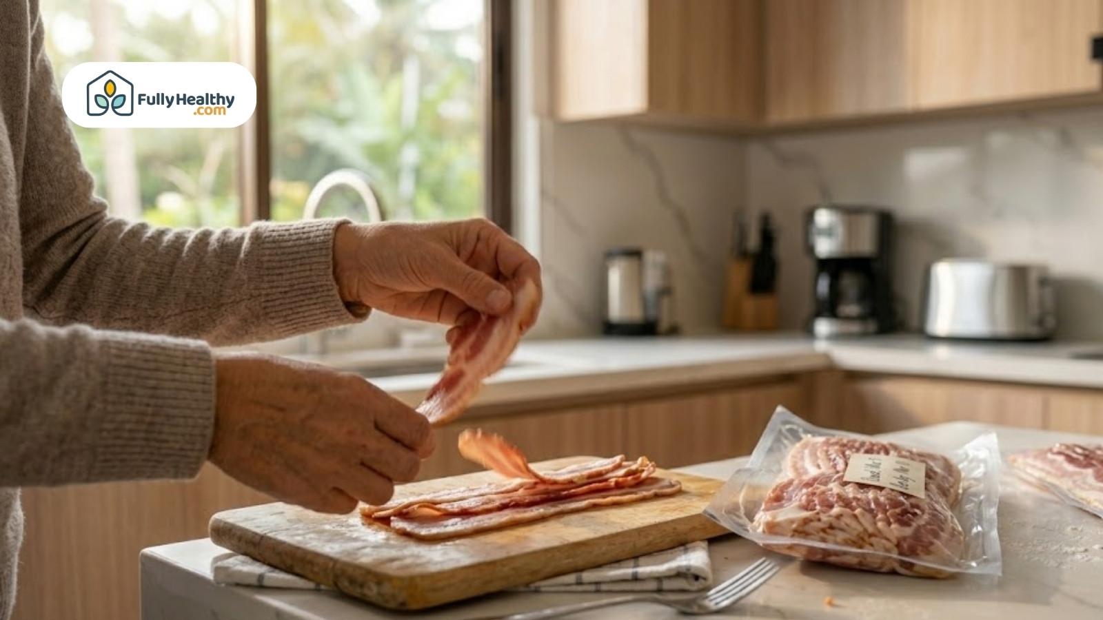 Separating raw bacon slices on cutting board in kitchen