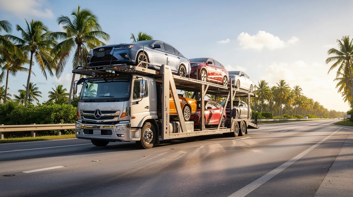 A car carrier truck is driving along a Florida highway, flanked by palm trees in the background, showcasing the vibrant scenery typical of Florida's auto transport routes. This image highlights the car shipping services available in the state, emphasizing the convenience of vehicle delivery on sunny highways.