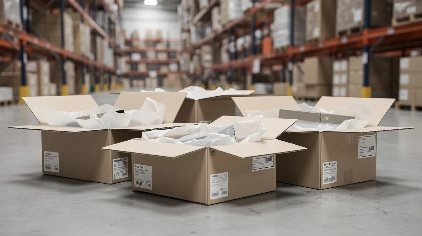 The image depicts a warehouse setting filled with cardboard shipping boxes, some containing tissue paper and various shoe boxes, showcasing a wide selection of trendy shoes and specialized footwear for an online store. This organized inventory reflects a dropshipping business model, emphasizing efficient inventory management and fast shipping options for customers.
