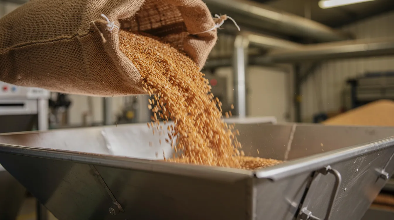 0c782baa c6bd 4fd9 ac04 df35589ac07a The image shows golden wheat grains being poured from a burlap sack into a large industrial hopper, a key component in the wheat flour milling process. This scene highlights the raw material used in the production of wheat flour, essential for various food products.
