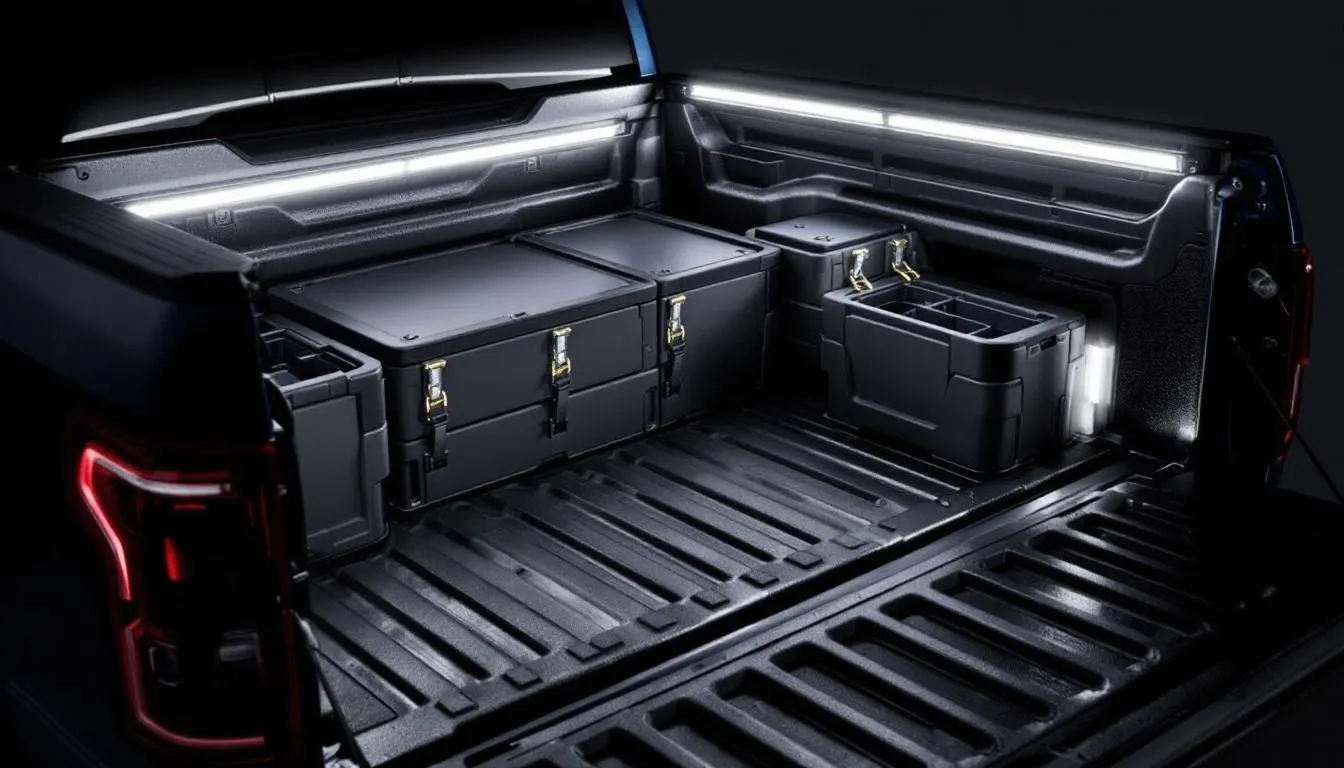 The image showcases a Ford F-150 truck bed equipped with LED lighting and the innovative BoxLink cargo management system, highlighting its versatility and efficient cargo box volume for various hauling needs. The truck bed is designed to accommodate larger items, making it ideal for weekend adventures or work-related tasks.
