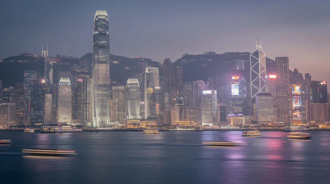 The image depicts the stunning skyline of Hong Kong's business district at dusk, with illuminated office buildings casting reflections on the tranquil waters of Victoria Harbour. This vibrant scene highlights the financial hub's significance, where various 中小企業貸款 and 融資計劃 thrive amidst the bustling urban landscape.