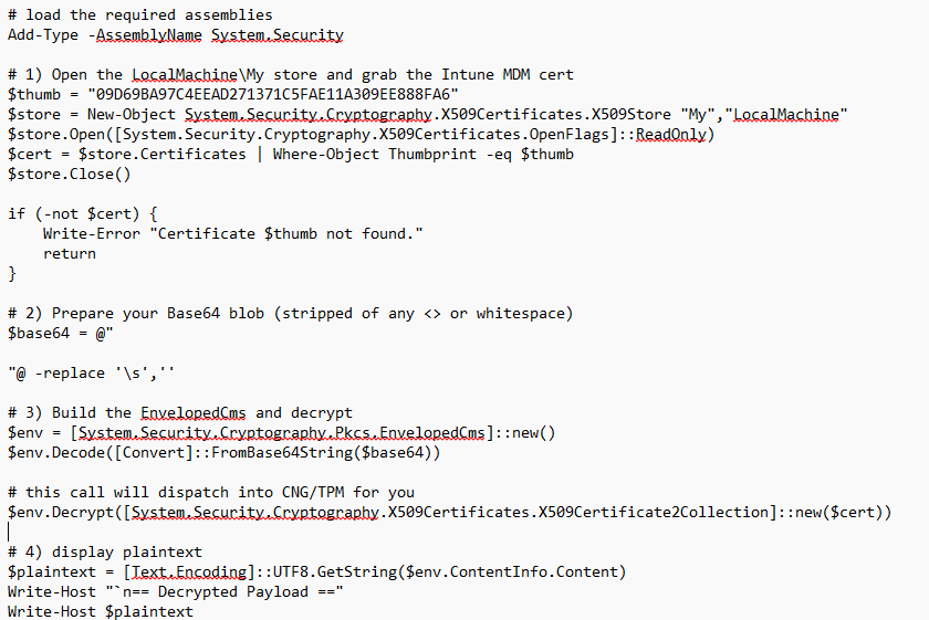 using the mdm device certificate to decode the payload in the JSON file 