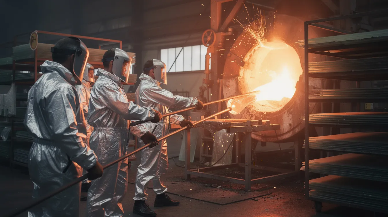 The image depicts men working at a furnace, engaged in the tempering process of glass, which transforms regular glass into stronger tempered glass. This process enhances safety, making the glass suitable for various applications, such as shower doors and windows.