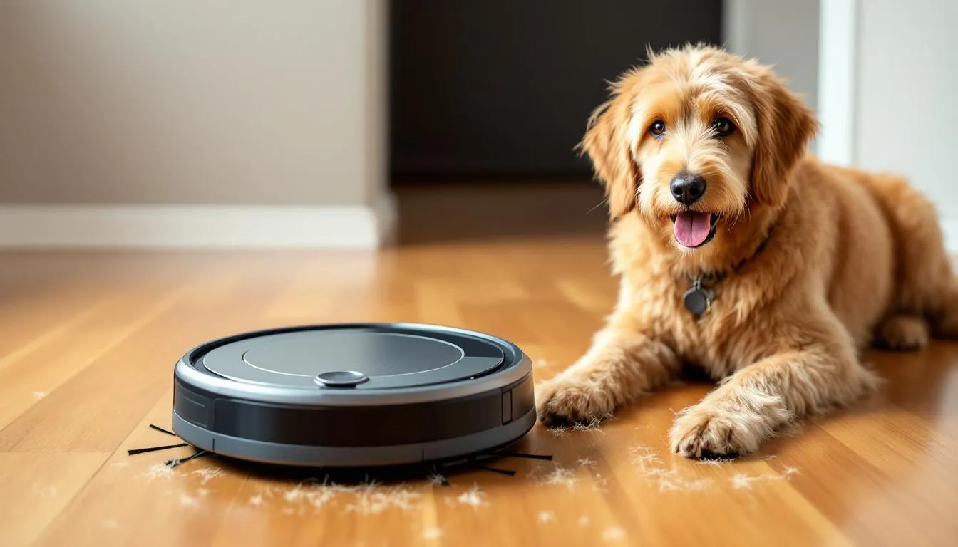 A robot vacuum is actively cleaning dog hair from a hardwood floor, while a Goldendoodle watches closely nearby. The scene highlights the dog