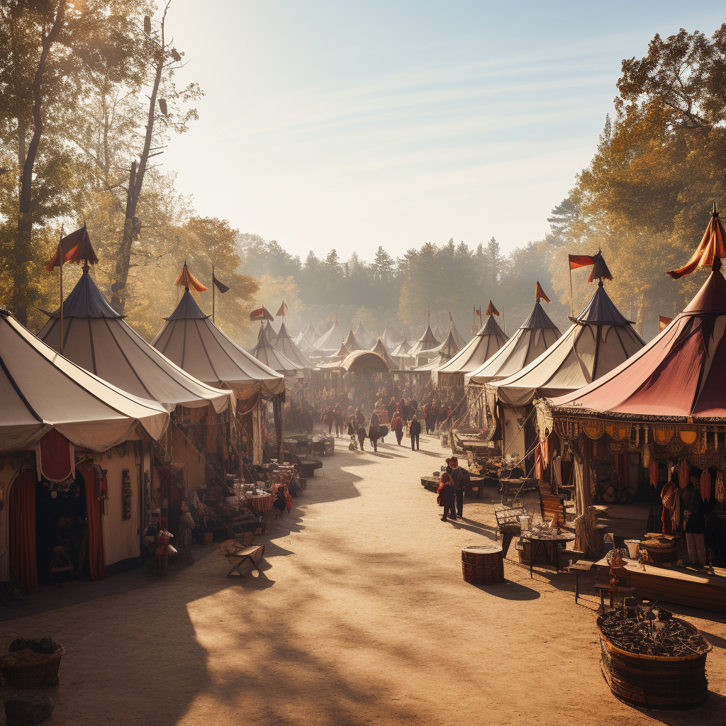 A clearing opens up at the edge of the wood, full of vibrant tents and merrymakers dressed in ancient finery. Voices shout of luxurious wares and offered delicacies as the fragrances of the forest combine with the wafting richness of spices.