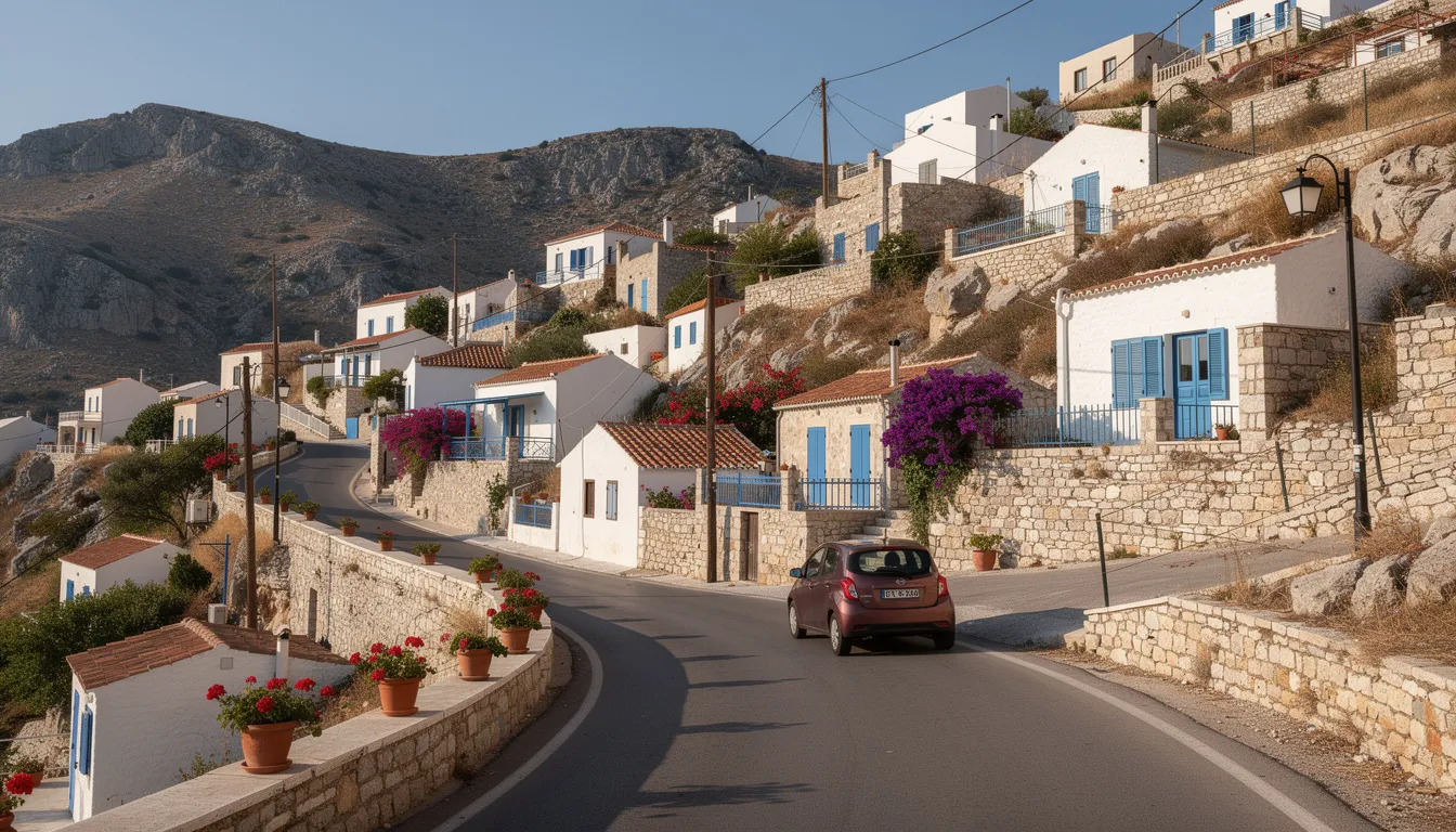Un petit village grec de montagne est représenté, avec une route sinueuse serpentant à travers le paysage. Une voiture de location est garée sur le côté, offrant aux voyageurs une option pratique pour explorer cette destination pittoresque en Grèce.