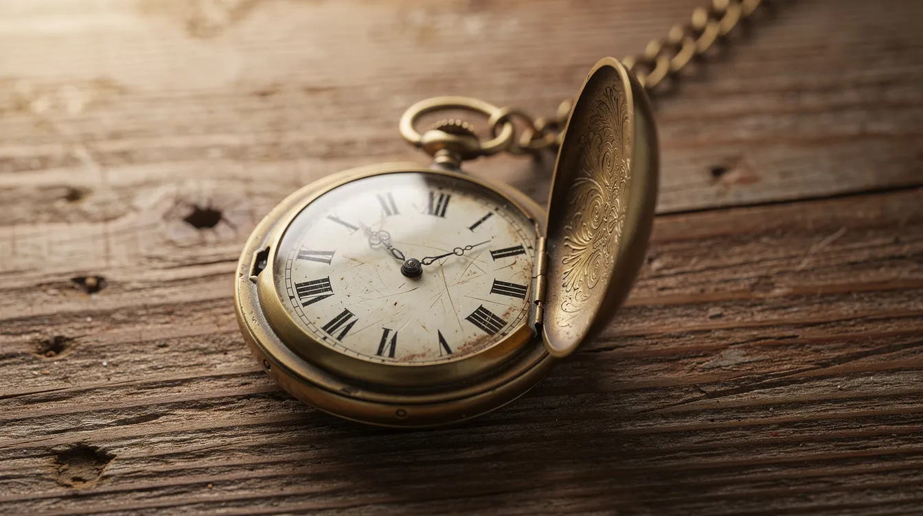 A vintage pocket watch rests on a wooden surface, its intricate design and polished surface reflecting the light, capturing a sense of nostalgia. This timepiece symbolizes the importance of time, especially as countries like New Zealand observe daylight saving time, shifting clocks to enjoy longer daylight hours during warmer months.