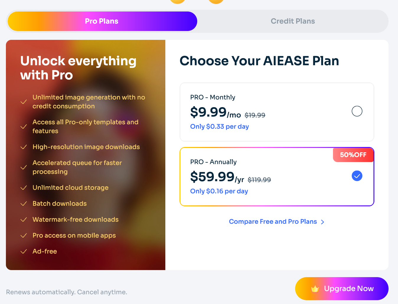AI Ease pricing plan showing Pro Monthly at $9.99 and Pro Annual at $59.99, with benefits like unlimited generation, high-resolution downloads, and watermark-free exports.