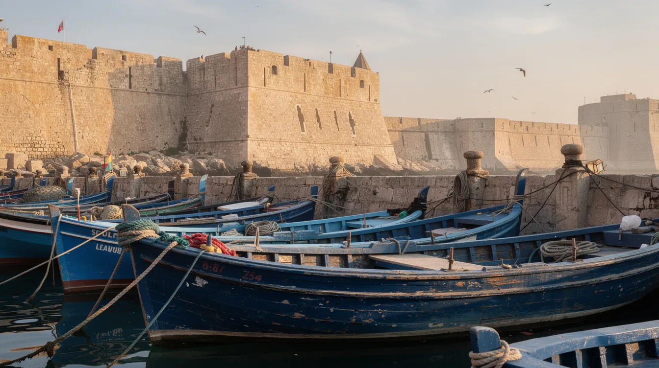 The image depicts blue wooden fishing boats moored along the vibrant coastline of a fortified city, with ancient stone walls and ramparts rising majestically in the background. This picturesque scene captures the rich history and stunning landscapes of Essaouira, a UNESCO World Heritage site known for its connection to Game of Thrones filming locations in Morocco.