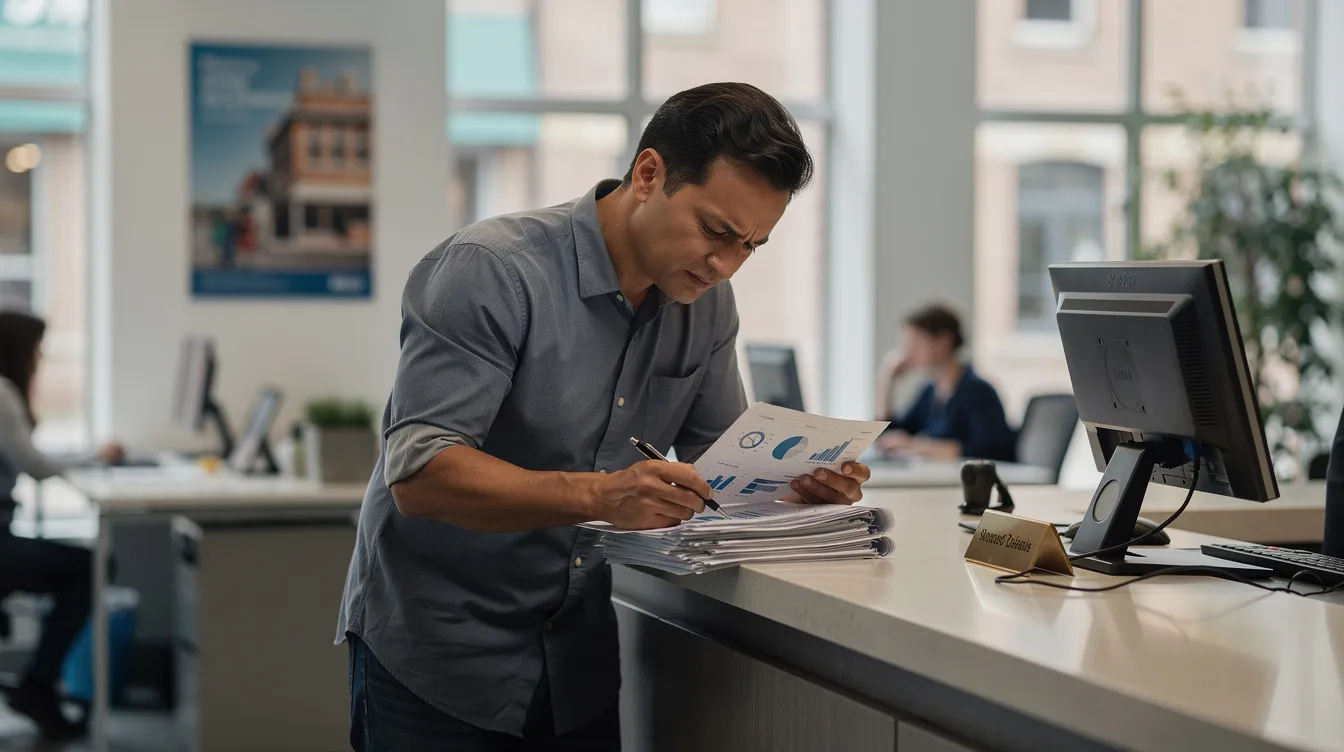 The image shows a small business owner at a bank counter, carefully reviewing documents related to their financial assistance application. The setting reflects a typical financial institution environment, highlighting the importance of maintaining a satisfactory credit track record for availing mudra loans.