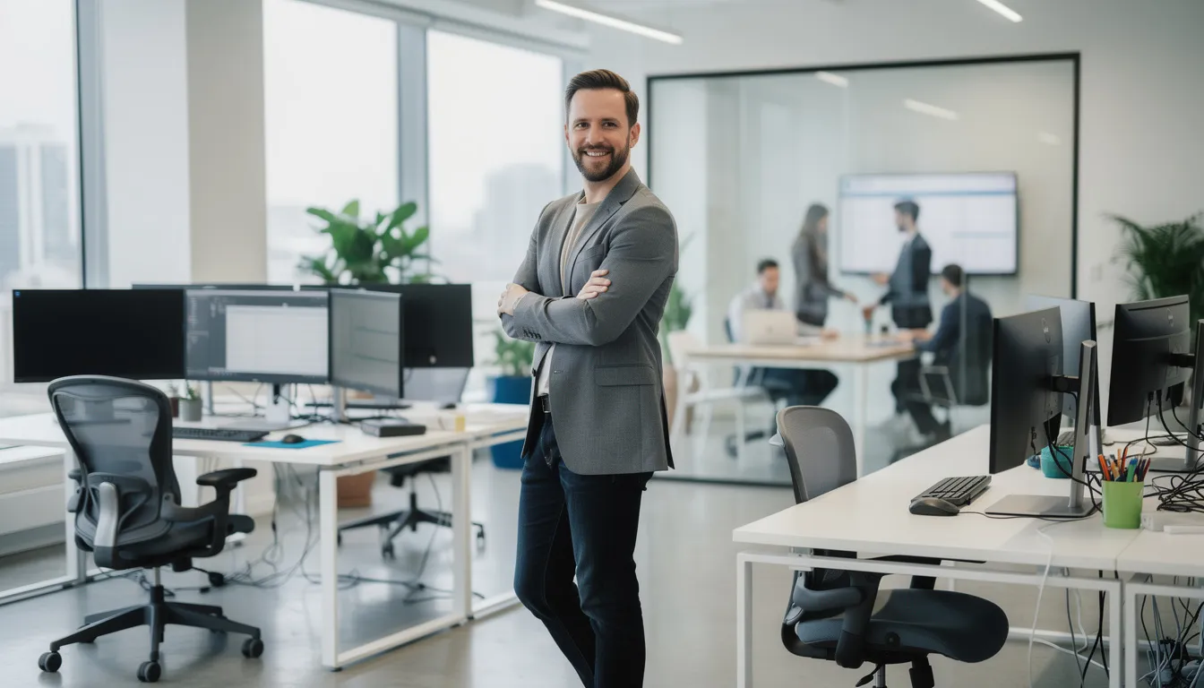 The image depicts a confident small business owner in a modern office space, exuding a sense of success after securing funding for their business with a mult-year loan. They are holding a phone, symbolizing communication and the entire process of obtaining financing, suggesting a bright future for their company, allowing to recoup revenue.