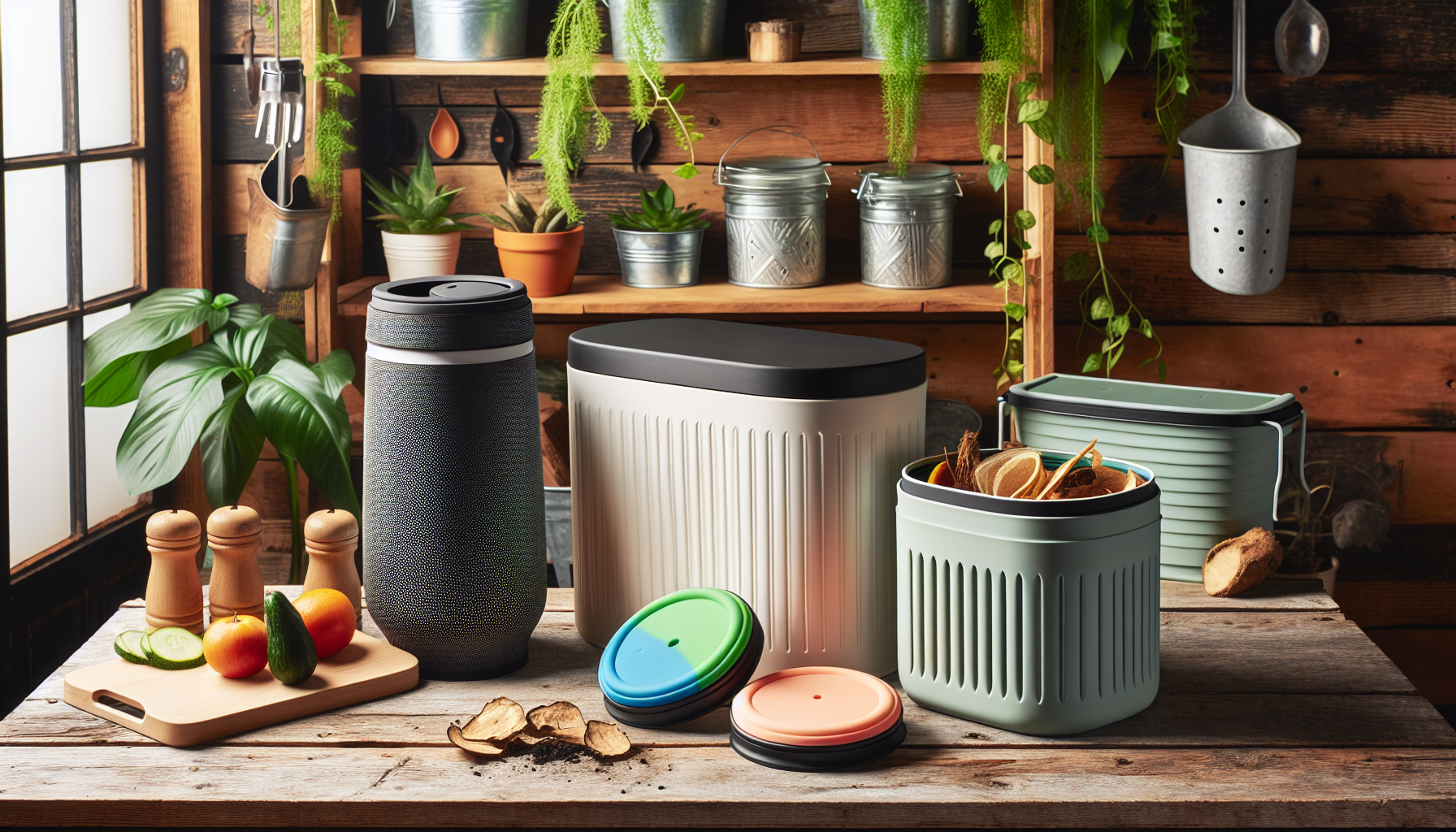 Various indoor composting containers including kitchen caddies and bins