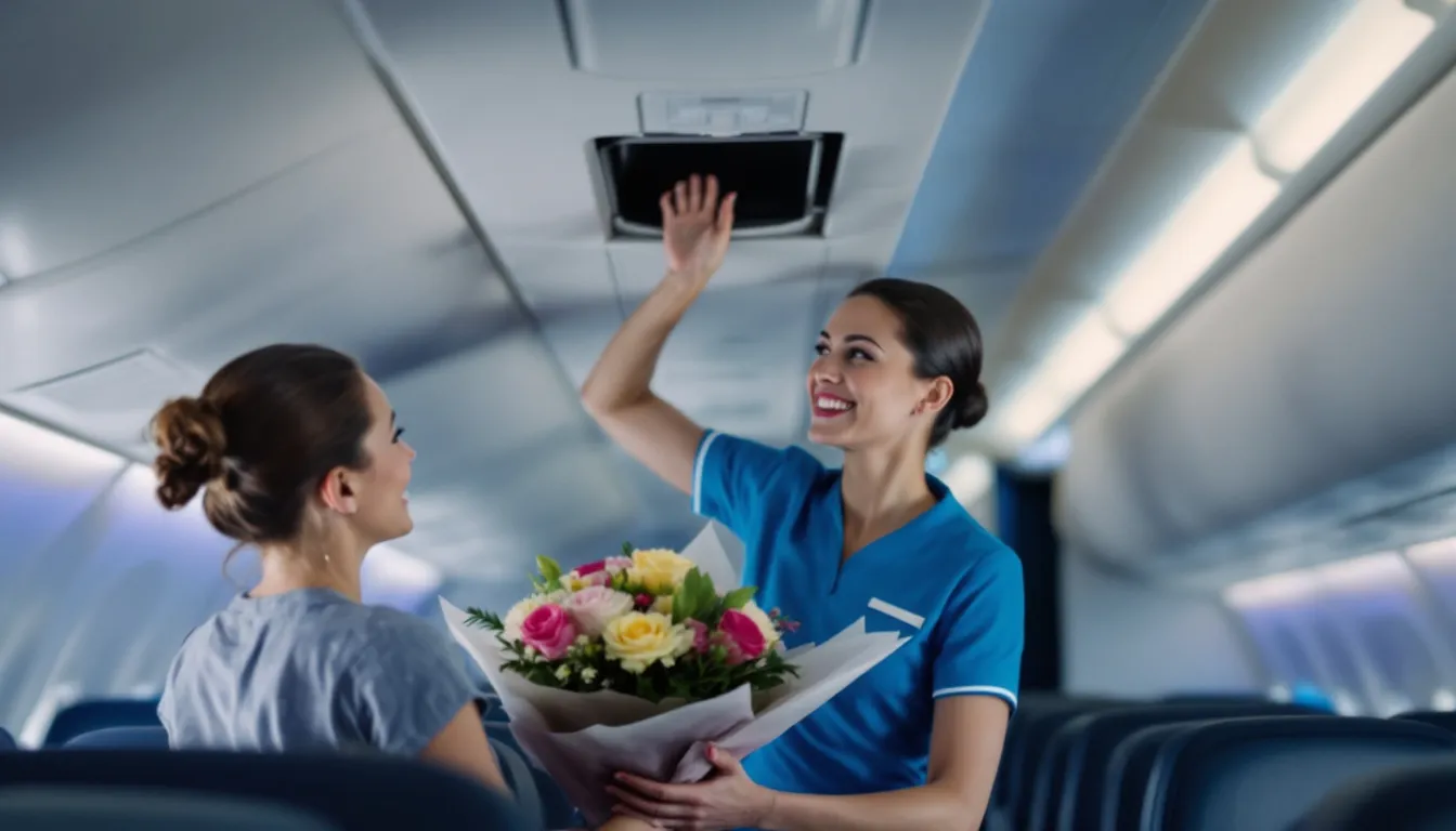 A flight attendant is assisting a passenger by carefully placing a beautiful bouquet of fresh cut flowers into the overhead compartment of an airplane, ensuring they are wrapped securely with damp paper towels to keep them fresh during the journey. This scene highlights the consideration for carrying flowers on international flights while adhering to airline policies.