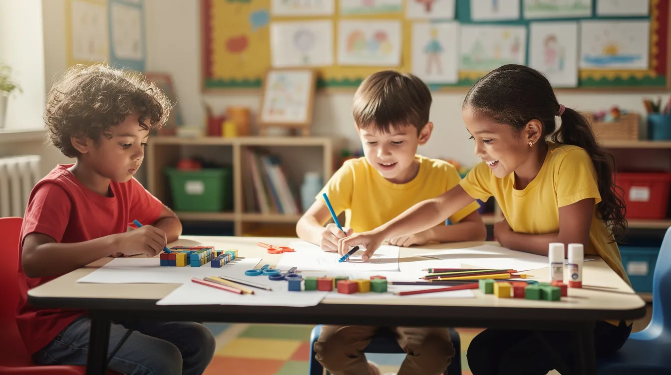 A small group of primary school children collaborates at a table filled with colorful learning materials, focusing on developing foundational academic skills. This engaging environment supports their learning challenges and enhances their ability to thrive academically through teamwork and creativity.