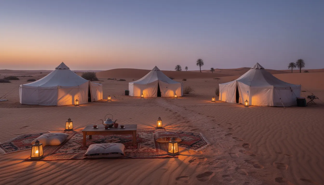 A traditional Berber desert camp in the Sahara features white tents illuminated by lanterns at dusk, creating a serene atmosphere. This picturesque setting offers an authentic experience of Morocco's local culture, perfect for those on small group tours or luxury desert camp adventures.