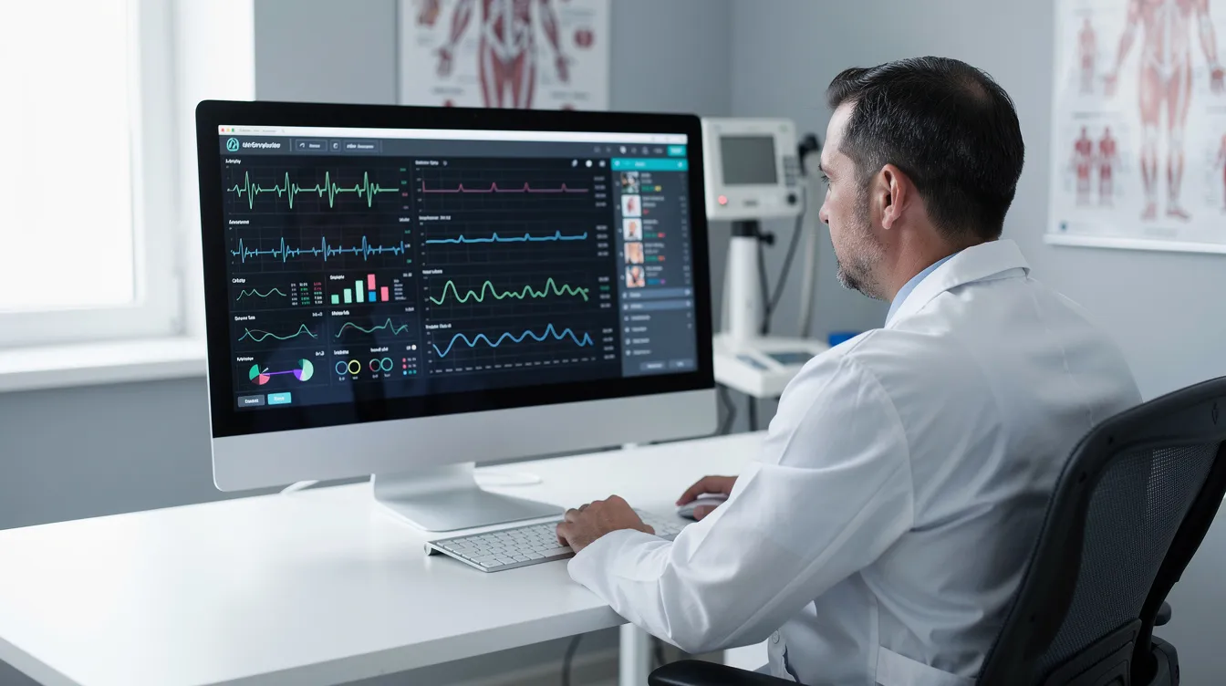 A doctor is intently reviewing a patient&rsquo;s health data displayed on a computer screen, analyzing various biomarkers and measurements related to biological age and overall health. The screen may feature information on epigenetic aging, DNA methylation, and other factors that contribute to the aging process and risk of diseases.