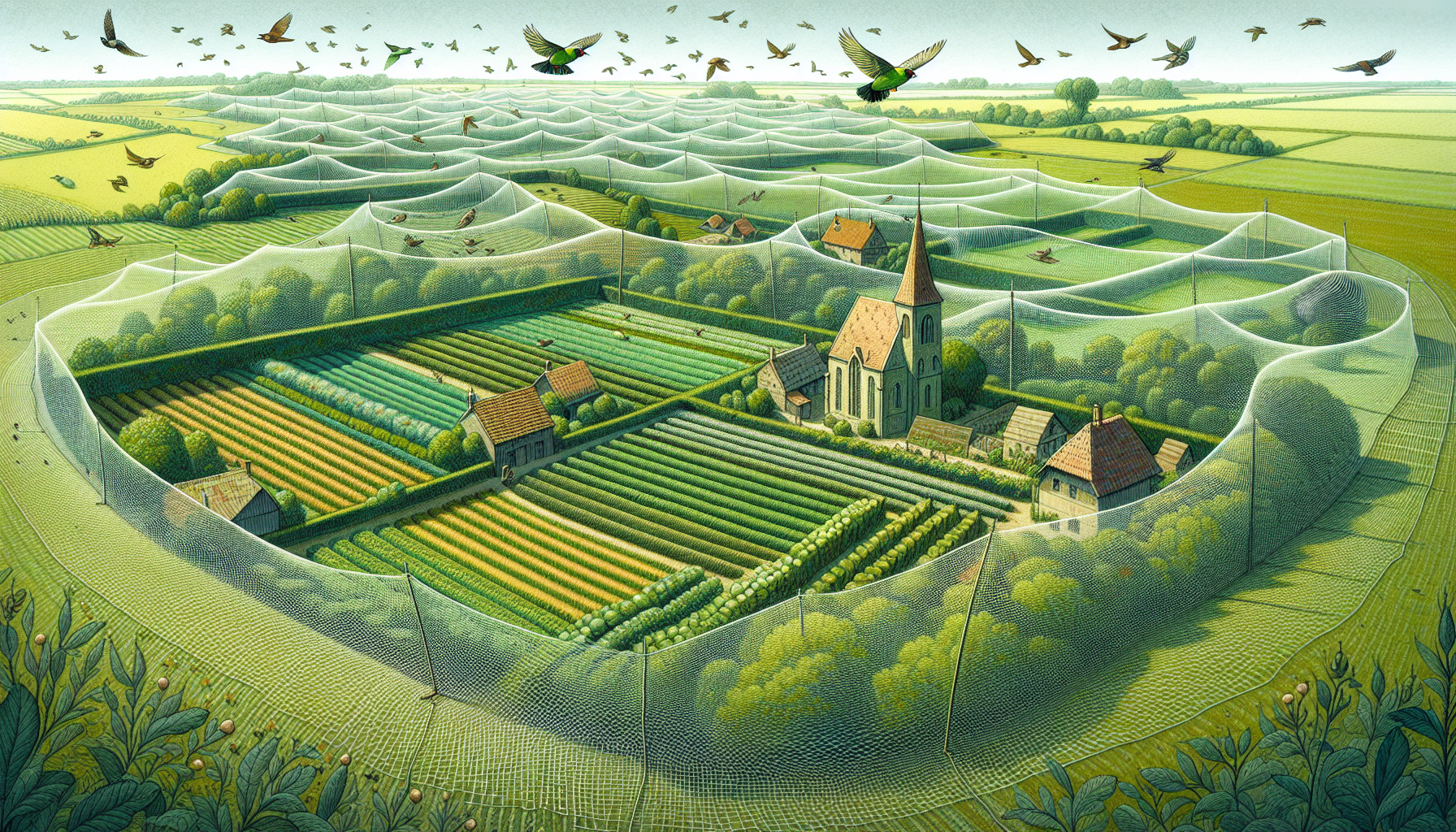 Illustration of bird exclusion netting protecting crops and buildings