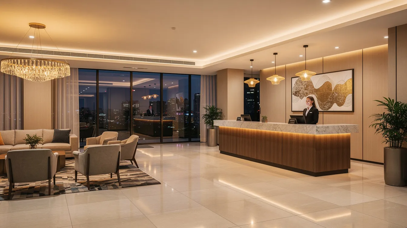 The image depicts a hotel reception lobby featuring warm lighting and a modern interior design, creating an inviting atmosphere for guests. The stylish furnishings and layout reflect the hospitality industry's focus on comfort and aesthetics, ideal for managing business loan repayments and customer experiences.