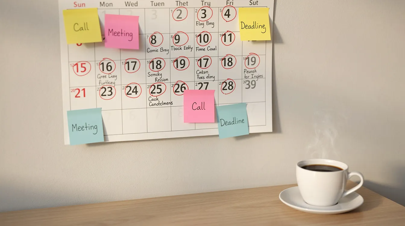 The image features a wall calendar displaying various dates circled, accompanied by colorful sticky notes, with a coffee cup placed beside it. This setup suggests a busy planning session, possibly related to financial tasks such as applying for loans or managing personal finances.