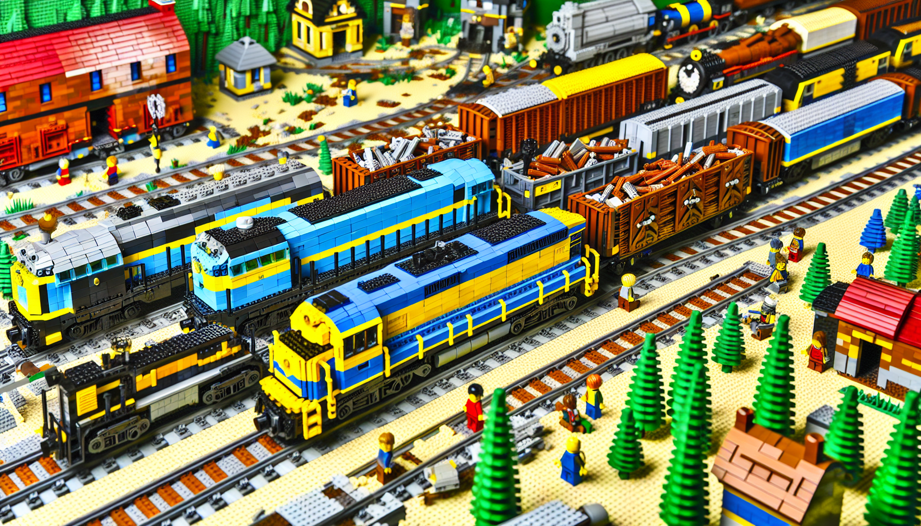 A variety of cargo trains from different LEGO train systems