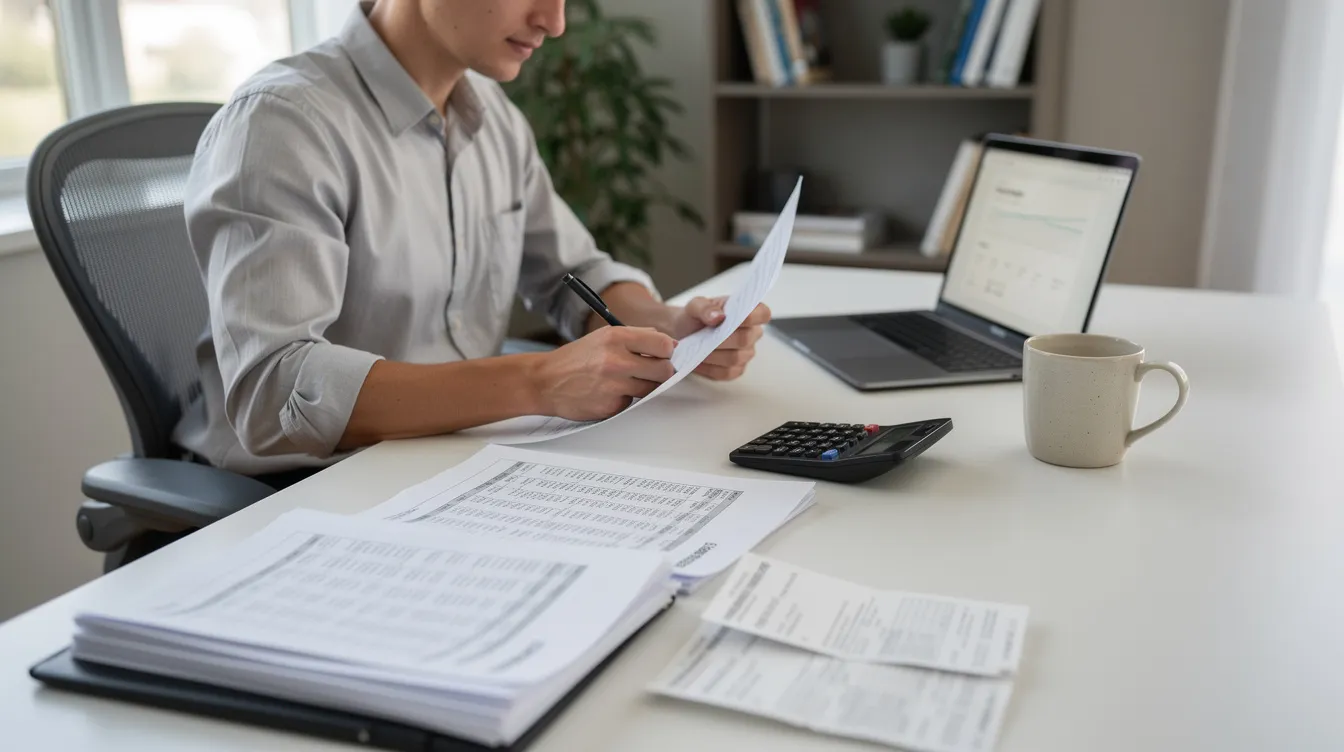 A person sits at a desk surrounded by documents and a calculator, carefully reviewing their finances related to rental properties and investment strategies. The scene captures the essence of real estate investment as they analyze cash flow, monthly mortgage payments, and potential use of a home equity line of credit (HELOC) to enhance their real estate portfolio.