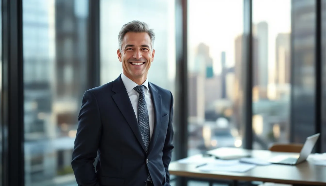 A smiling real estate investor stands confidently, celebrating the successful closure of a business loan for investment property, reflecting the joy of securing financing options like SBA loans and rental property loans for future real estate investments. The background hints at a bustling office environment, symbolizing the support from financial institutions and lenders in achieving business growth.