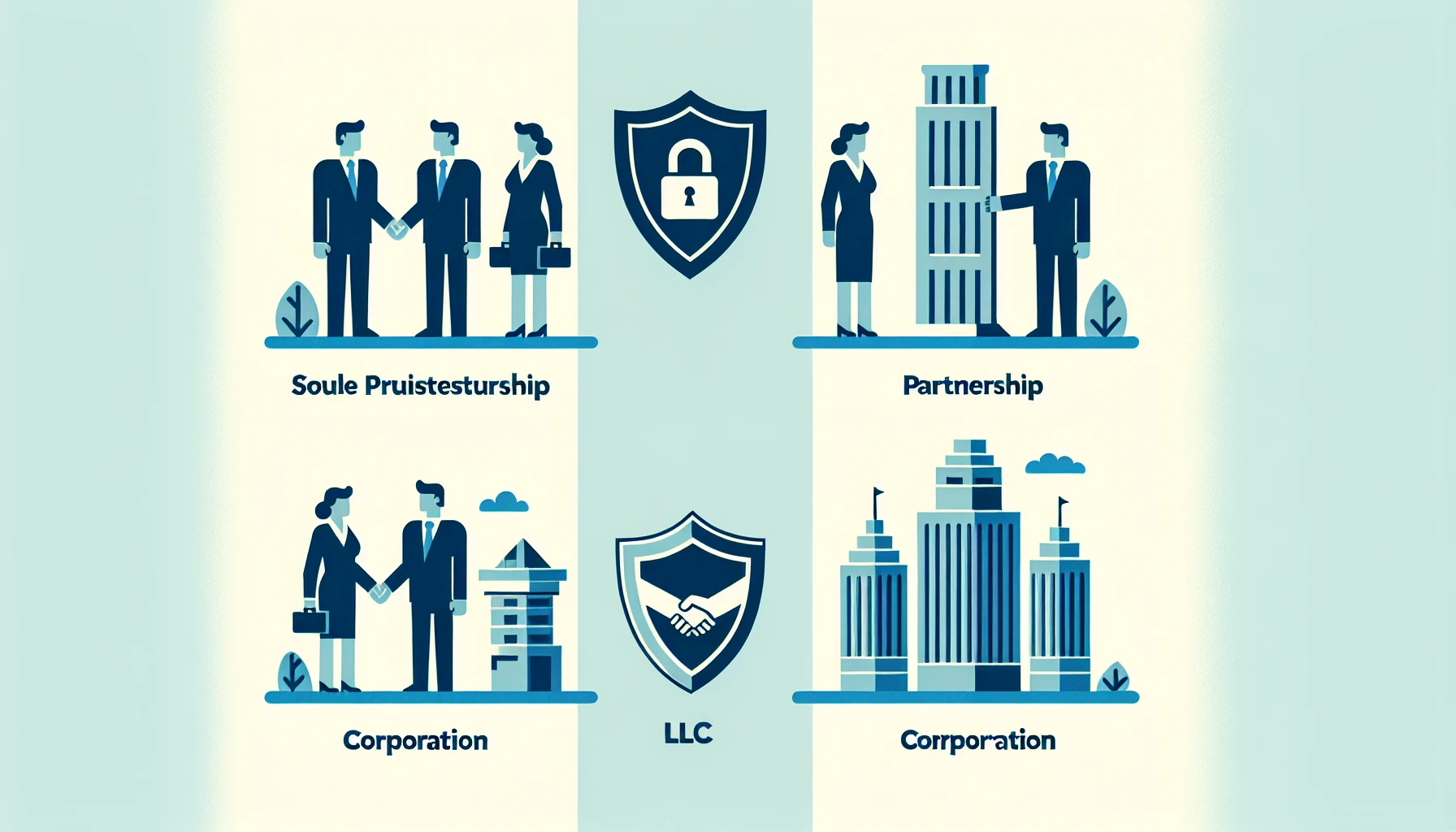 An illustration comparing different start-up business structures with keywords like 'sole proprietorship', 'partnership', 'LLC', and 'corporation'