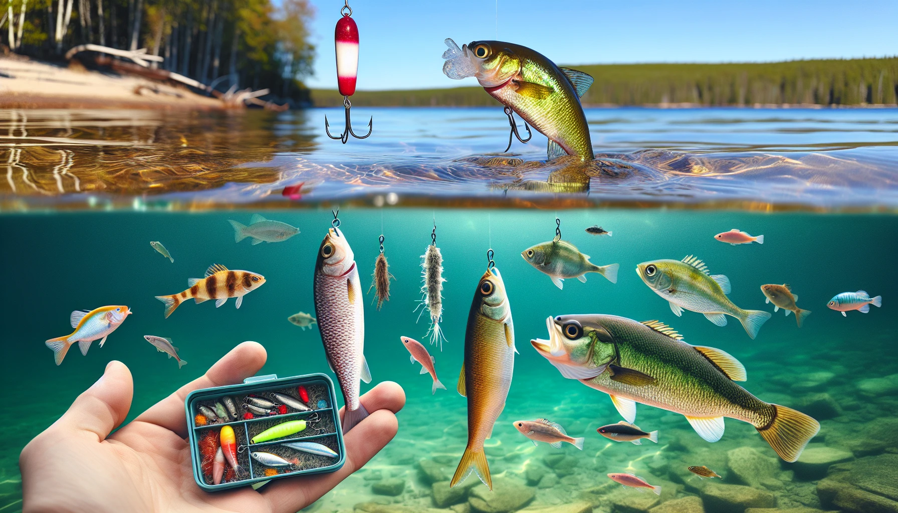 Underwater scene with artificial lures, live bait fishes, and a hand holding a box of assorted lures.