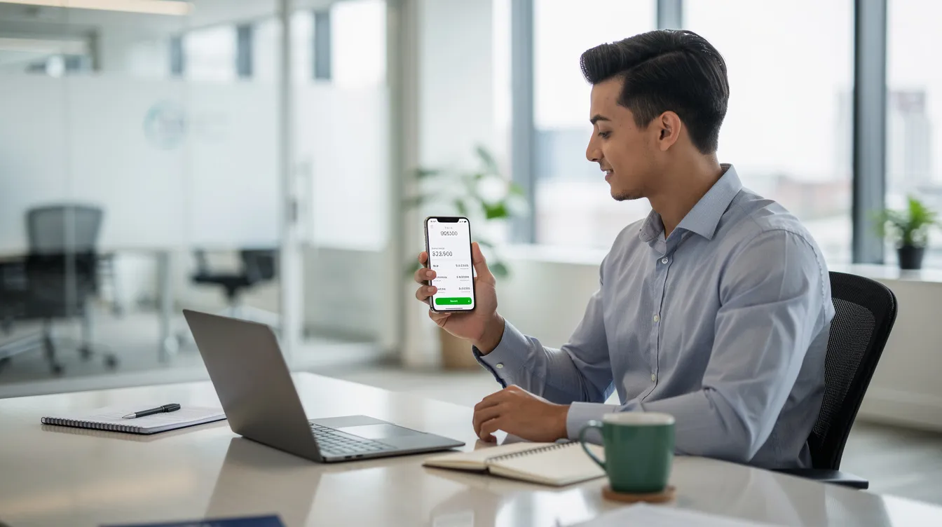A person is using a smartphone banking app in a modern office setting, managing their Dubai Islamic Bank account to facilitate an international money transfer. The app interface displays options for sending money abroad, checking exchange rates, and reviewing transaction fees.