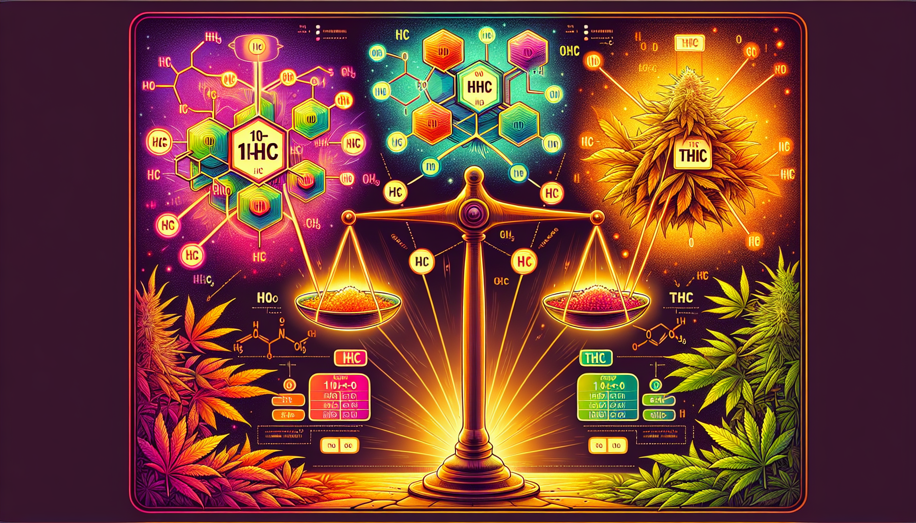 A comparison chart of 10-OH-HHC, HHC and THC.