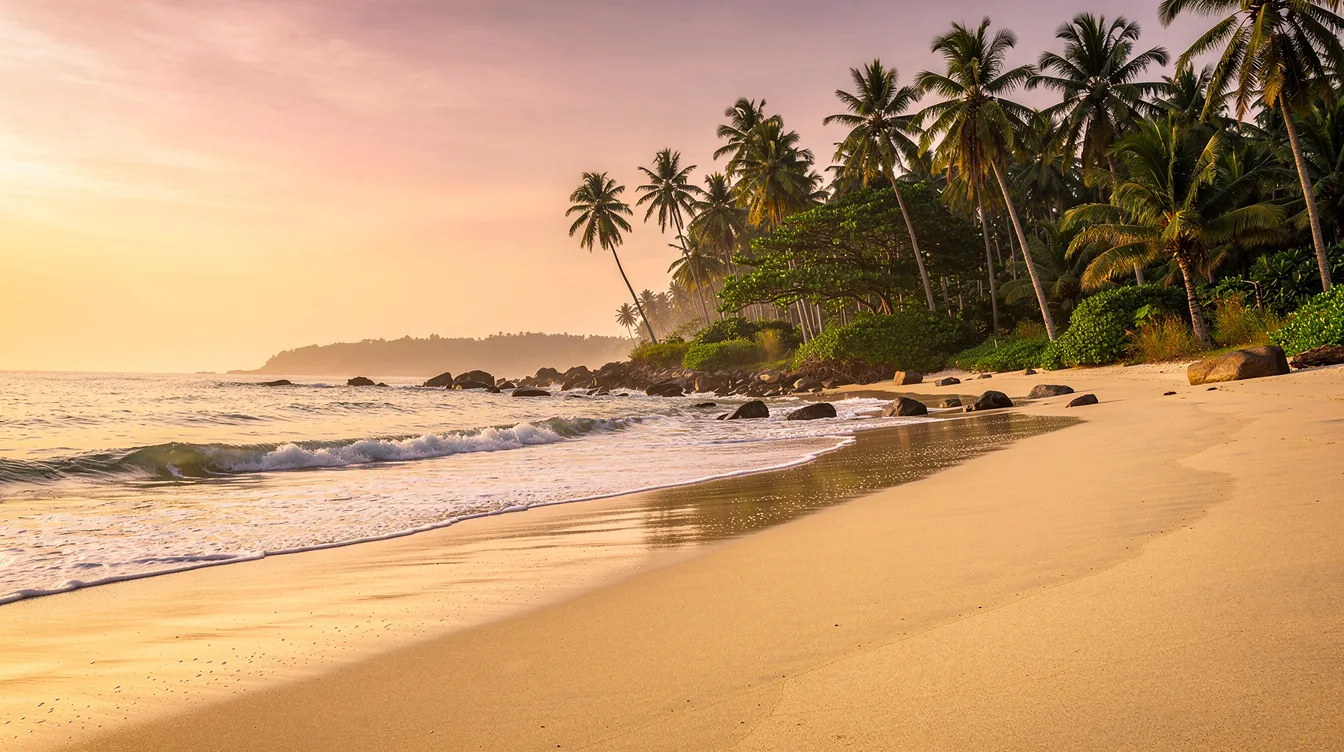 The image depicts a stunning tropical coastline at sunset, with silhouetted palm trees framing a sandy beach, typical of South Asia's natural beauty. This idyllic destination invites visitors to explore its serene landscape, making it an appealing location for those considering a journey to countries like Sri Lanka or seeking assistance with their visa application to Ireland.