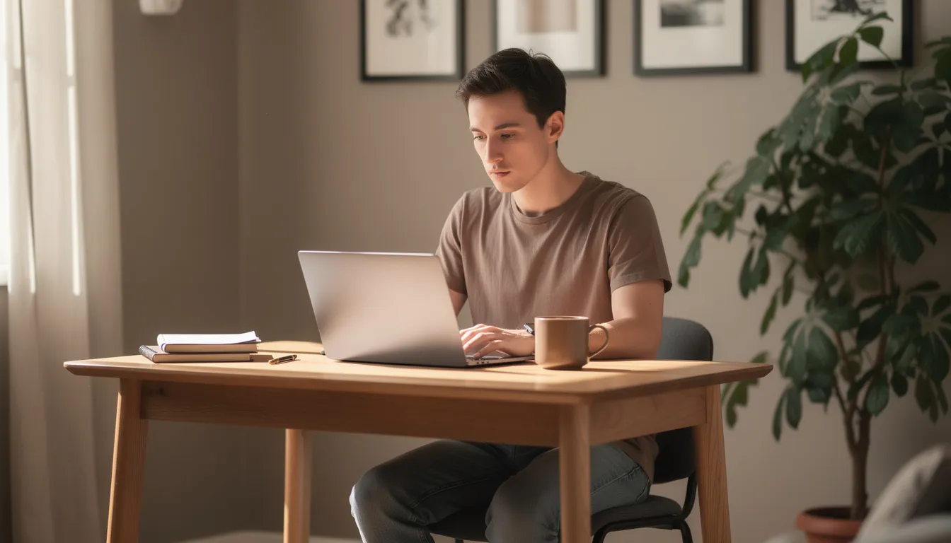 A person dressed in casual clothes is focused on working at a laptop in a cozy home office, surrounded by books and plants. This setting reflects a blend of productivity and comfort, ideal for someone researching topics like creatine supplementation and its effects on muscle growth and performance.