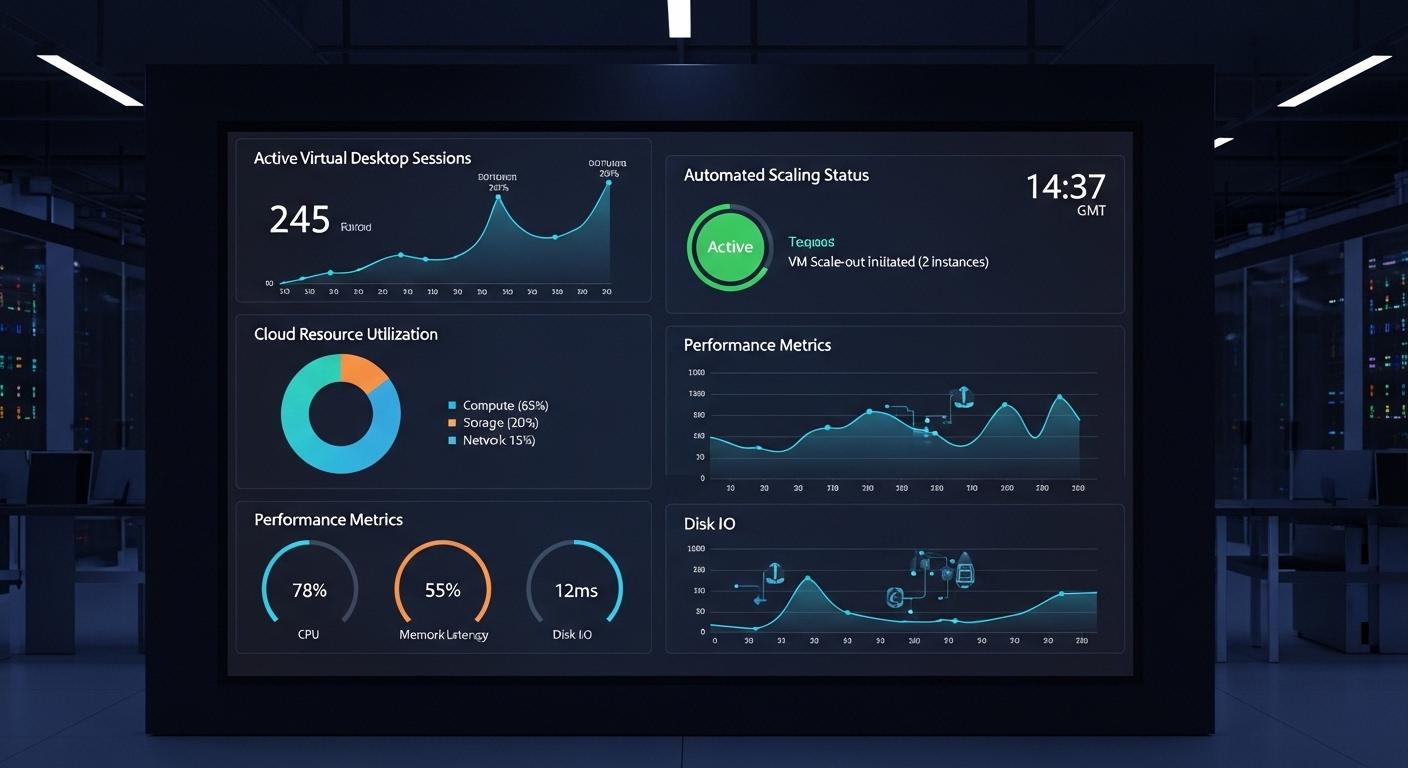 "IT operations dashboard displaying active virtual desktop sessions, cloud resource utilization, automated scaling, and performance metrics.