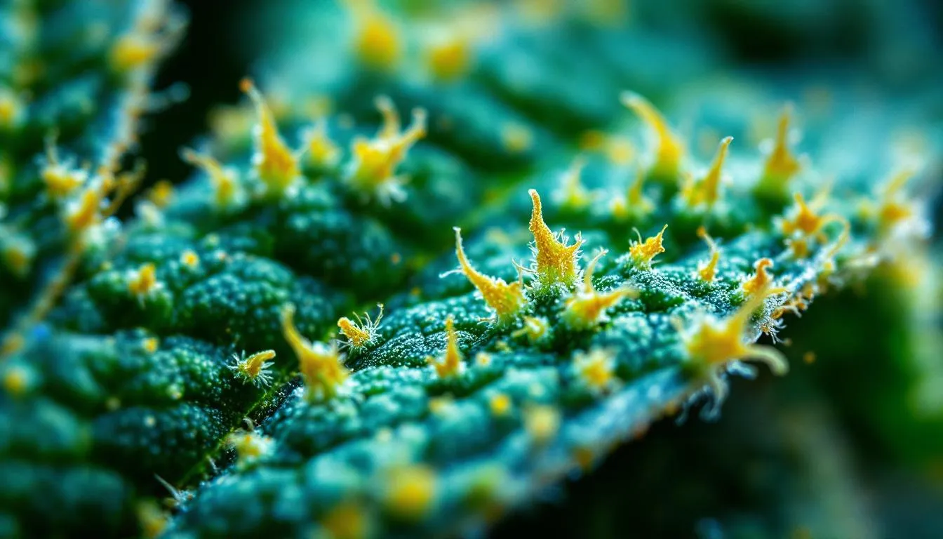 The image depicts a close-up view of a cannabis plant, showcasing intricate trichomes and cannabinoid structures that are visible under magnification. This detailed representation highlights the cannabis sativa inflorescence, emphasizing the naturally occurring cannabinoids and their potential psychoactive effects on the body's endocannabinoid system.