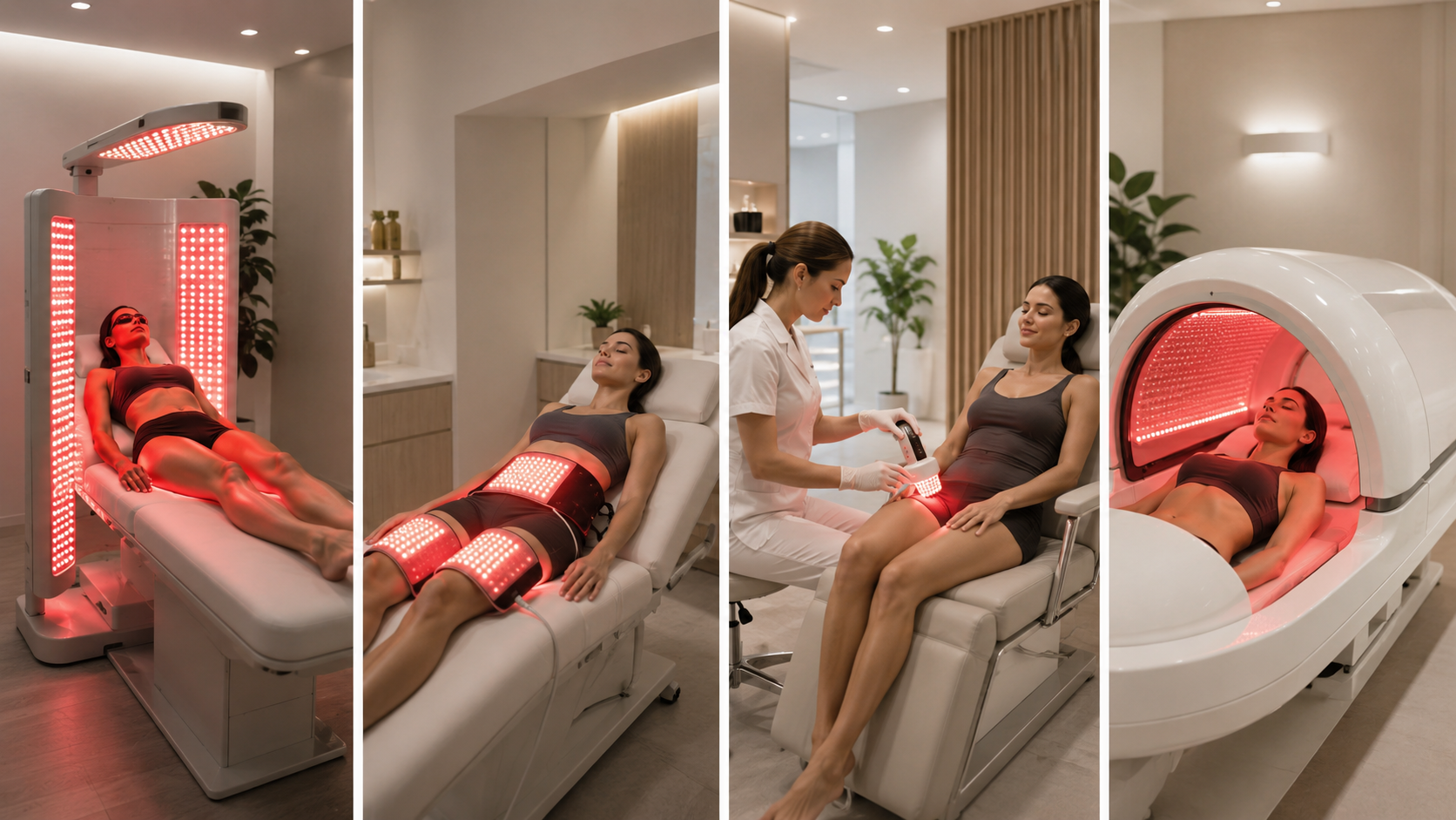 Red light therapy treatments for weight loss in a sleek medical spa, with panels, pads, and a relaxation bed.