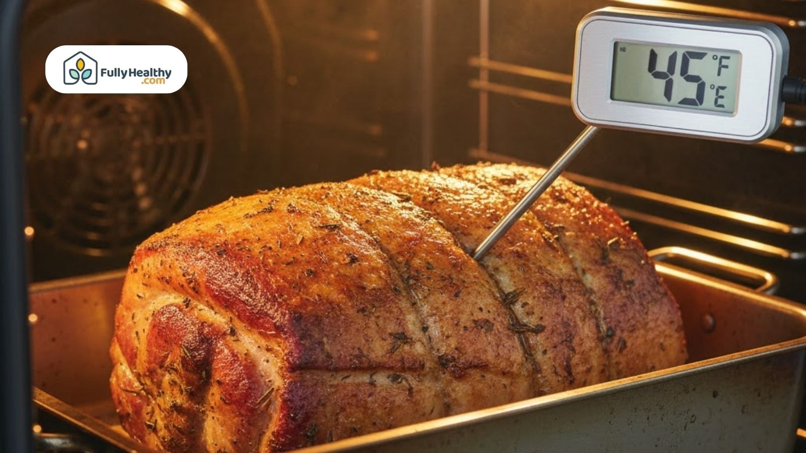 Pork roast in oven with thermometer showing correct internal temperature
