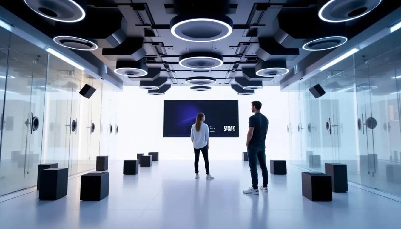 Ein Bild von einem optimierten Dolby Atmos System mit Deckenlautsprechern und einem Benutzer, der es testet.