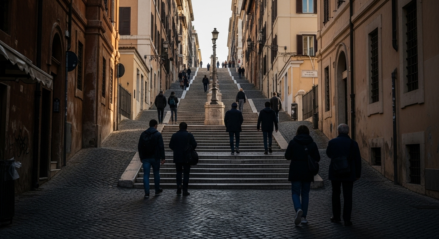 People walking up worn stone steps in Rome, spaced out along the incline, with historic buildings and distance emphasizing the physical rhythm of moving through the city on foot.