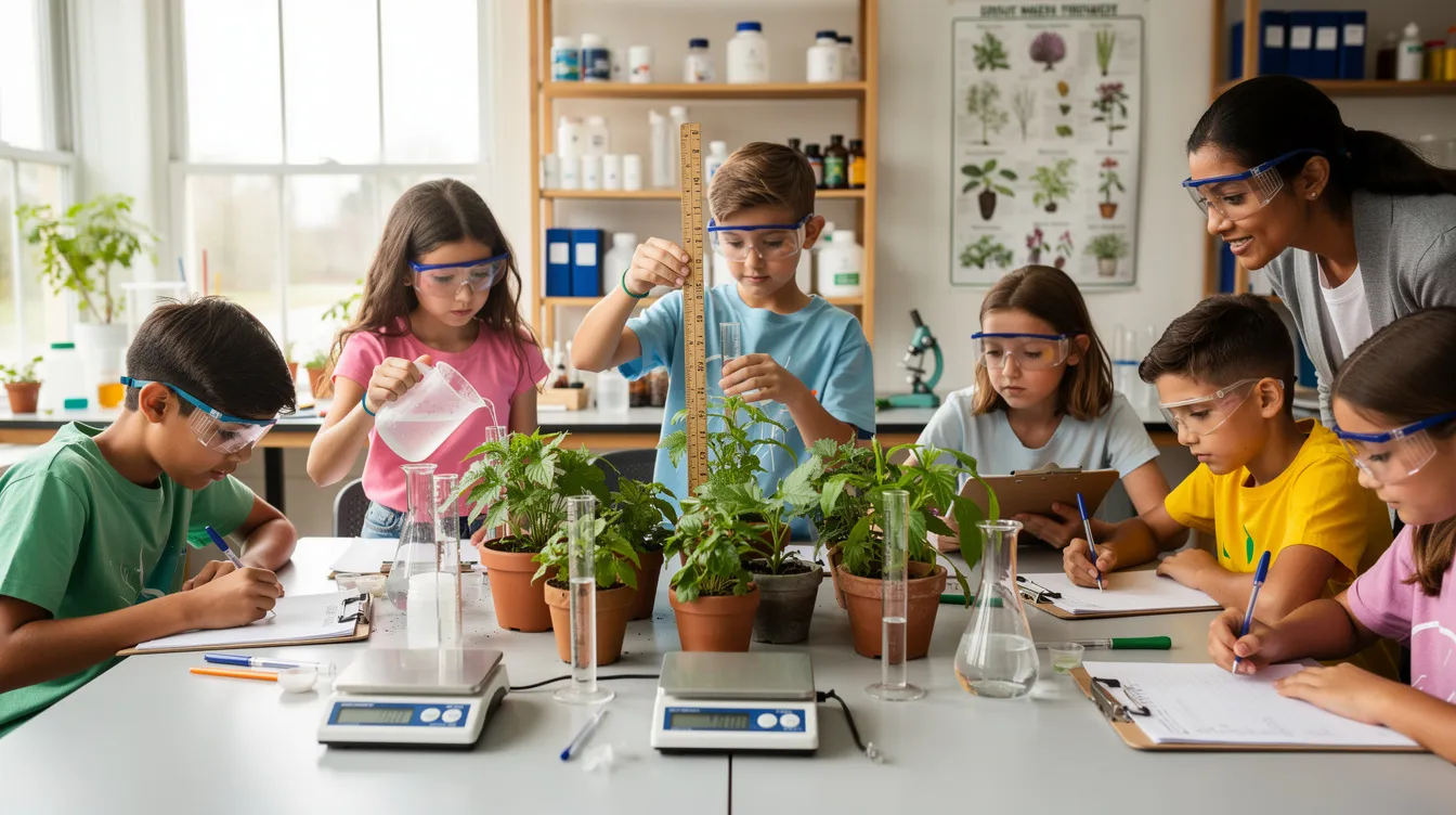A group of students is actively engaged in a hands-on science experiment, working with plants and using measuring tools to explore their growth. This interactive learning experience promotes critical thinking skills and encourages collaboration among the young learners.