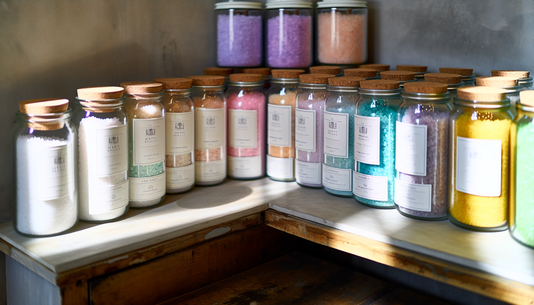 Assortment of popular bath salt and bath soak products neatly arranged on a shelf