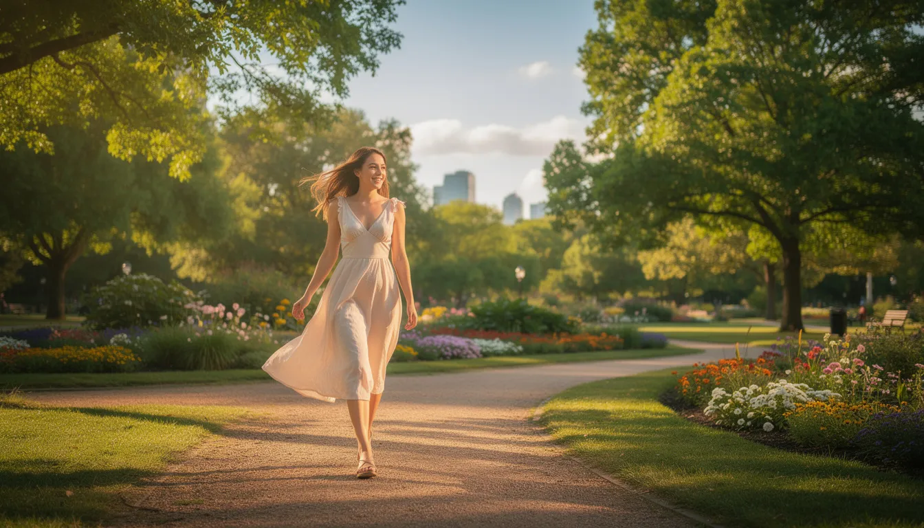 Kobieta w letniej sukience spaceruje po parku w słoneczny dzień, ciesząc się piękną pogodą i otaczającą ją zielenią. W tle widać drzewa i ławki, co tworzy przyjemną atmosferę do relaksu i odpoczynku.
