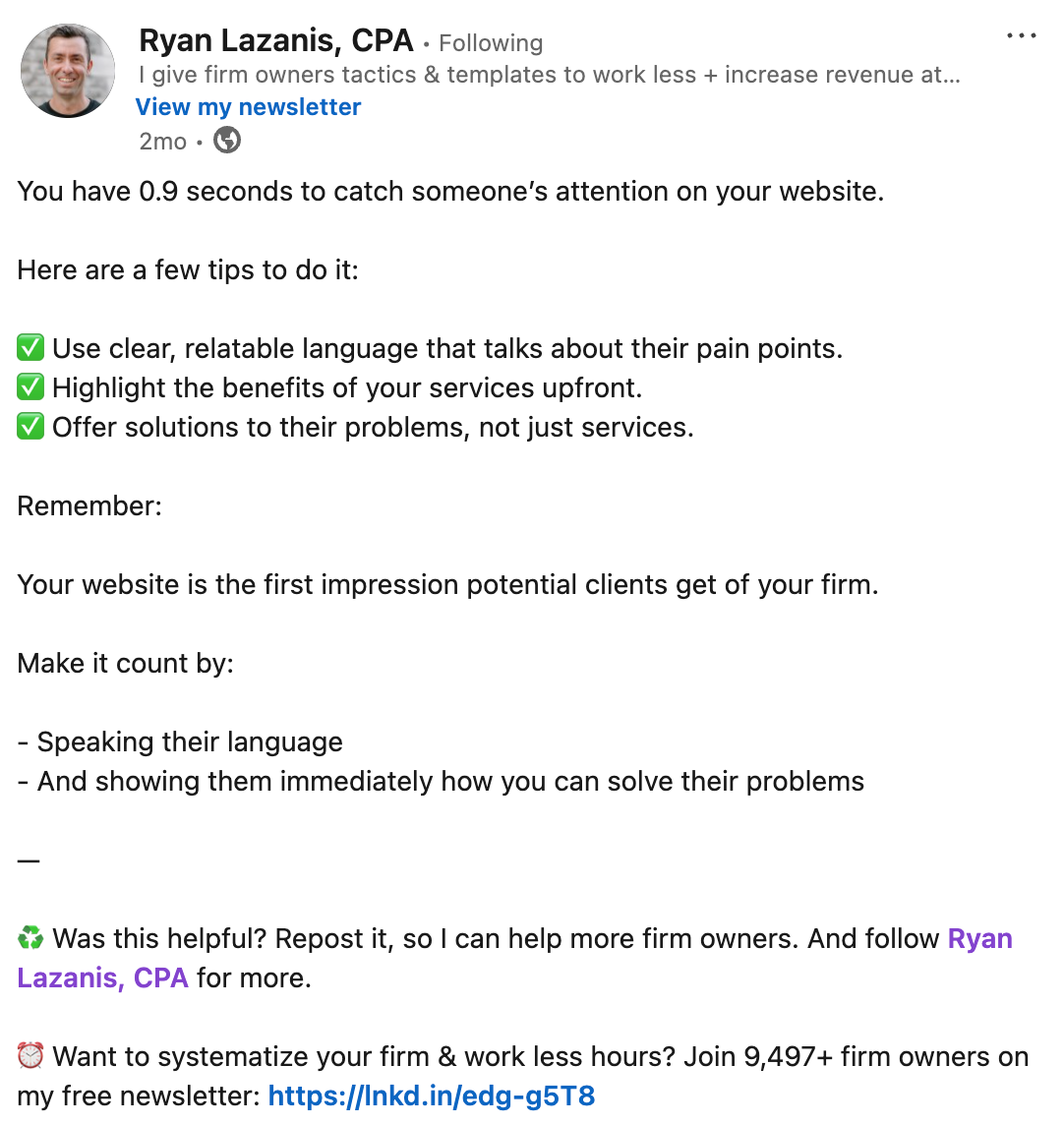 A LinkedIn post by Ryan Lazanis on how to improve your website