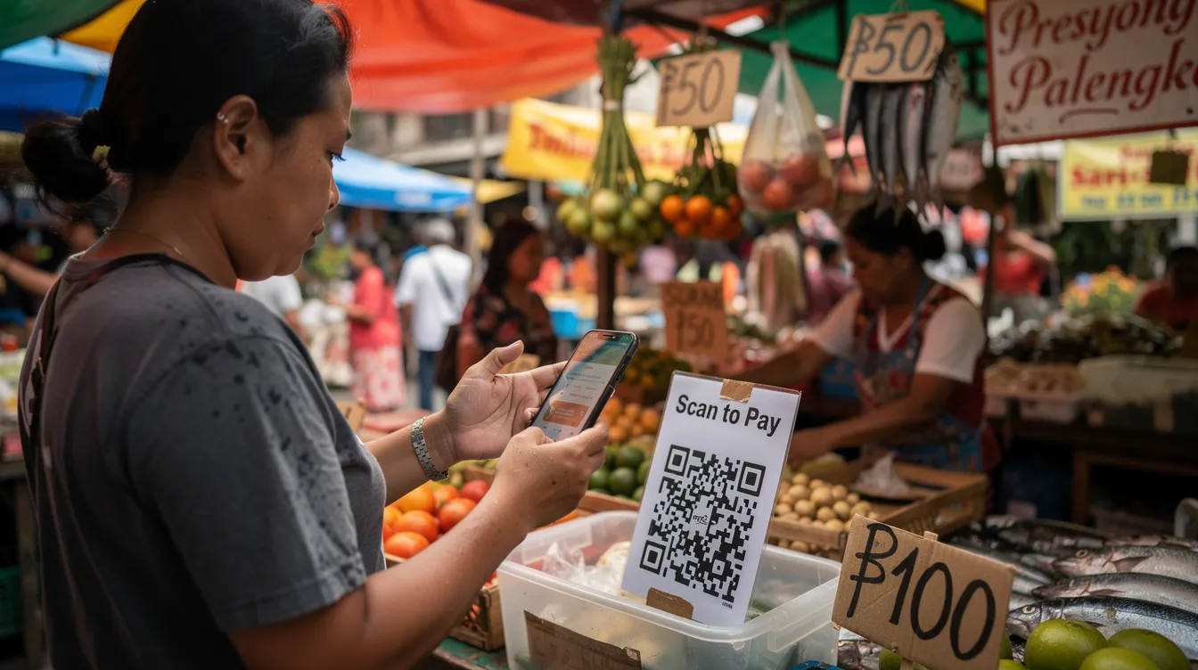 A person is using a smartphone to scan a QR code at a bustling public market stall in the Philippines, demonstrating the convenience of digital payments through mobile wallet apps. This scene highlights the growing adoption of cashless payments and digital transactions in everyday purchases.