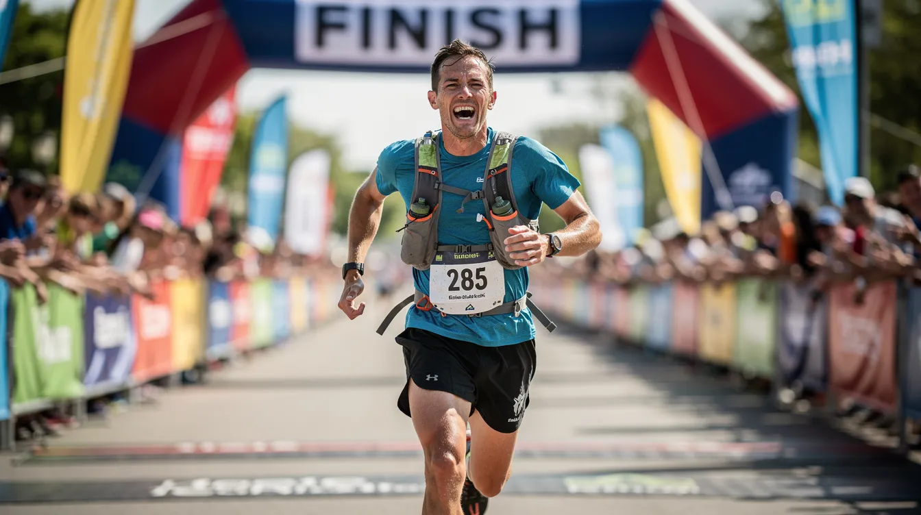 A runner is crossing the finish line, wearing a snug-fit hydration vest that features a visible number bib. The vest is equipped with multiple pockets, including two soft flask pockets, designed for secure storage and easy access during the race.