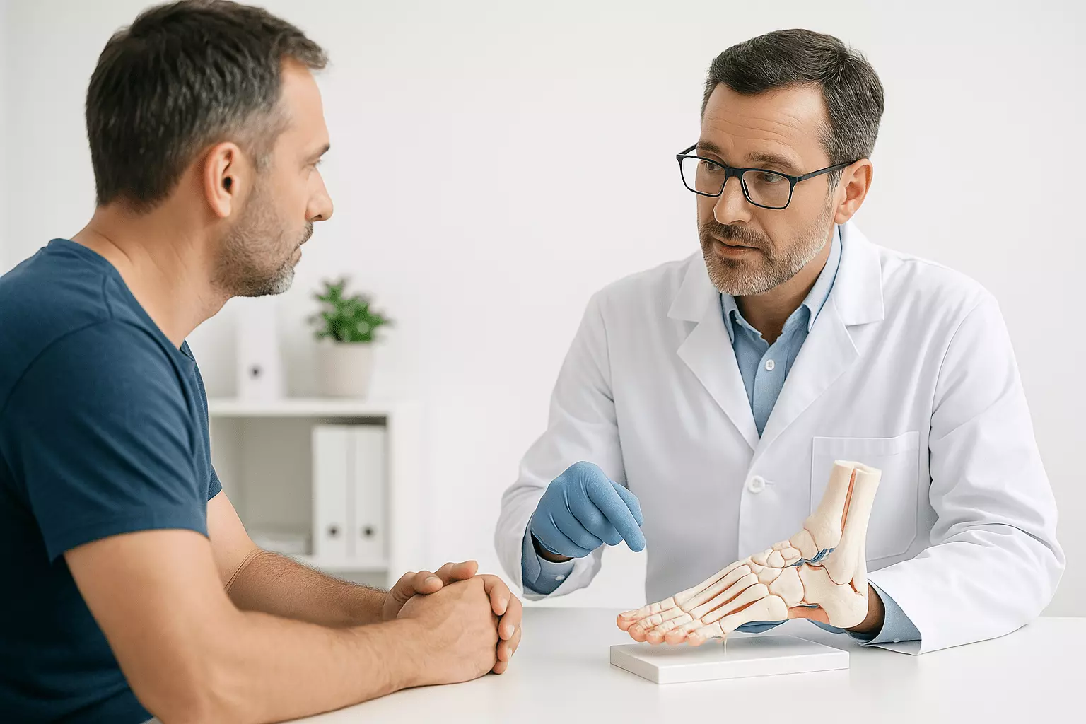 Foot and ankle specialist discussing big toe alignment with a patient using a foot model during consultation.